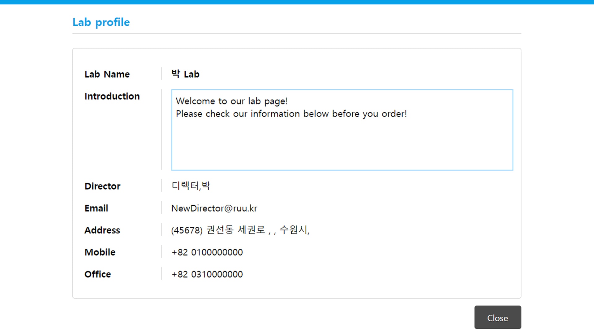 Registered lab profile popup