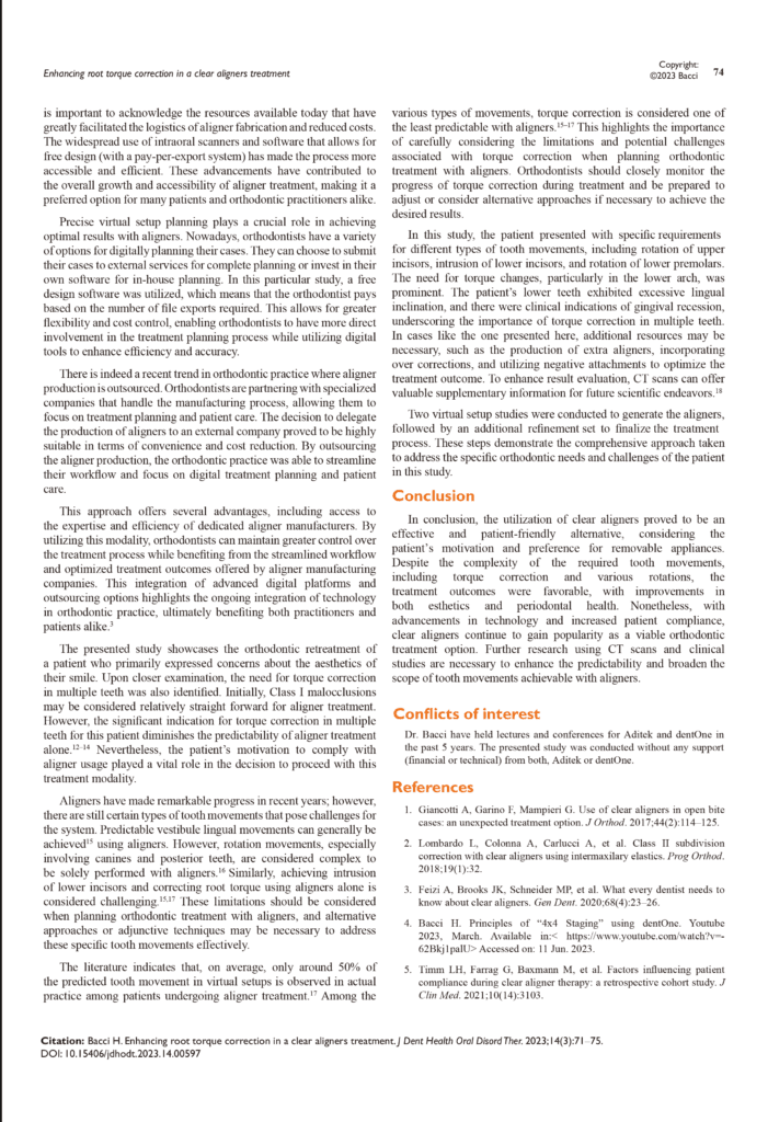Enhancing root torque correction in a clear aligners treatment